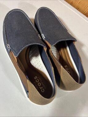 CROCS Men's Navy and Brown Canvas Slip-On Loafers